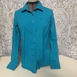 Ariat Real Fitted Shirt Womens Large Teal Blue Long Sleeve Button Up Western Top